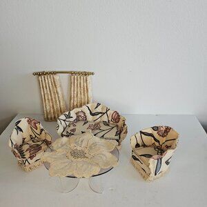 VTG Lundby dollhouse living room set apholstered sofa 2 armchairs curtain